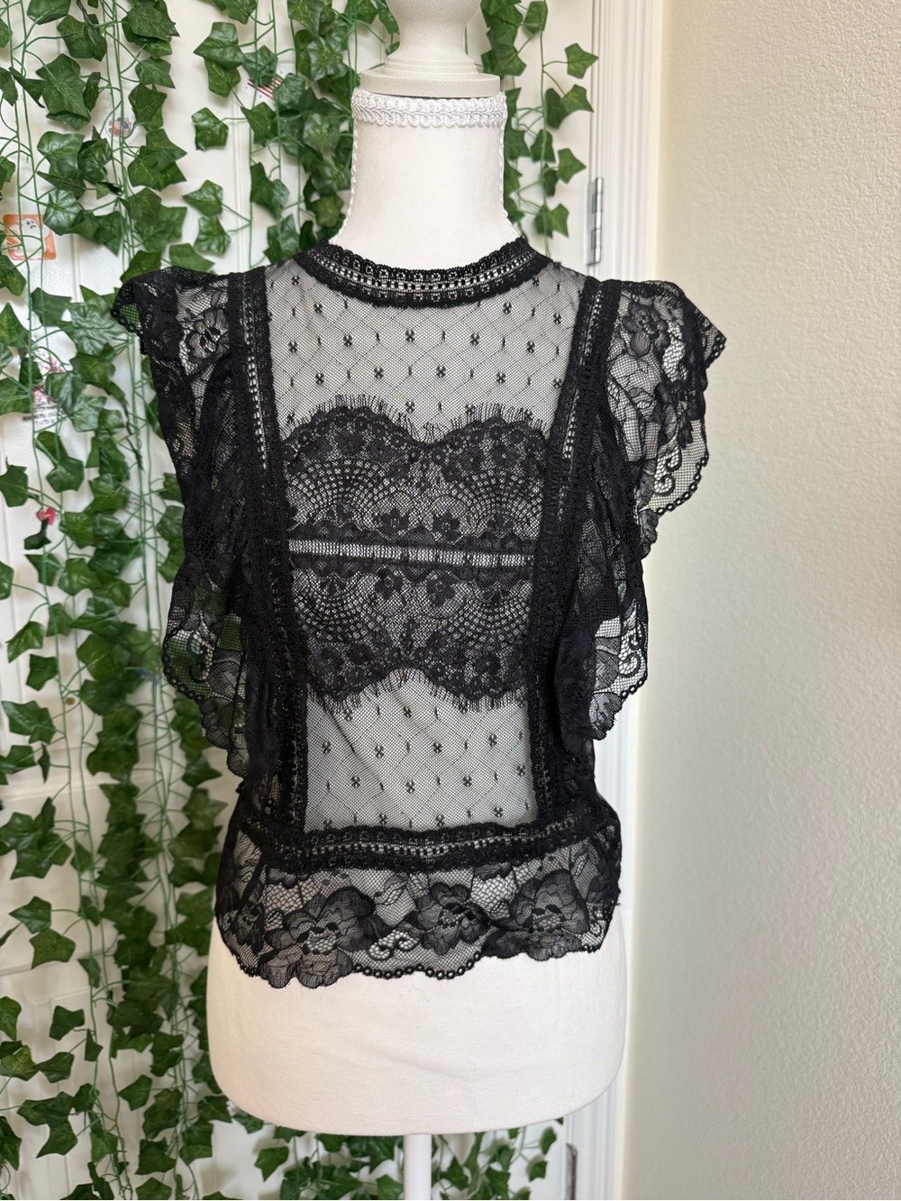 Black Lace Flutter Sleeve Sheer Top -